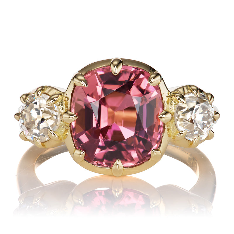 Pink Tourmaline Ring with Antique Diamond Side Stones