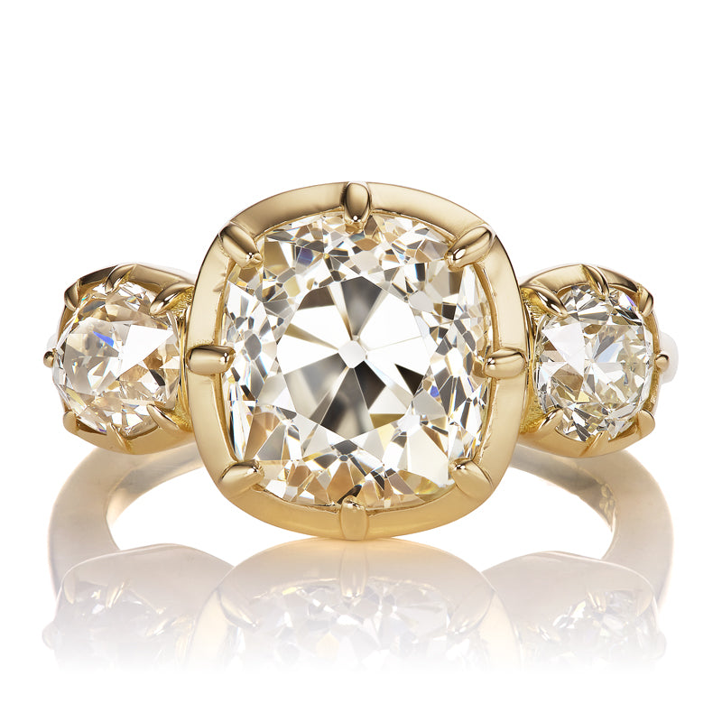 4 Carat Warm Old Mine Cut Three Stone Diamond Ring in Collet Setting