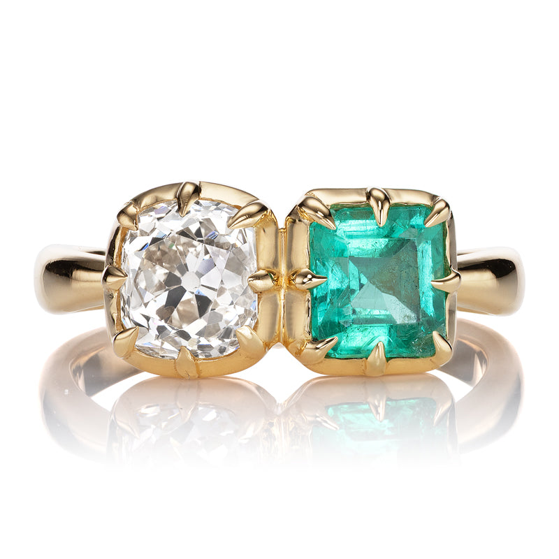 Emerald and Old Mine Cut Diamond Toi et Moi