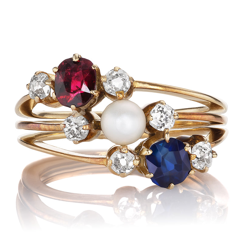 Antique Three-Band Ring with Ruby, Sapphire, Pearl, and Diamond