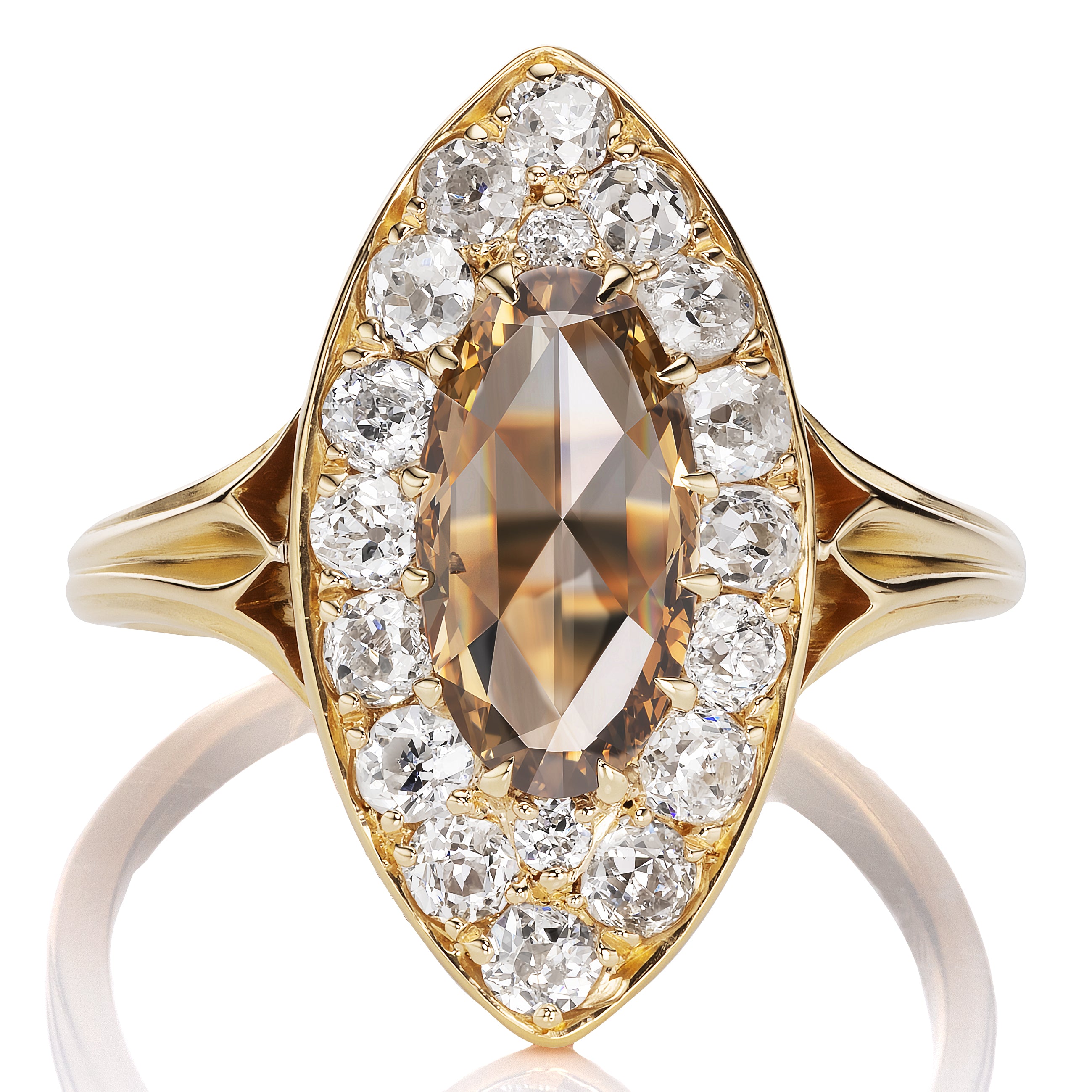 Champagne Oval Shaped Rose Cut Diamond Cluster Navette Ring