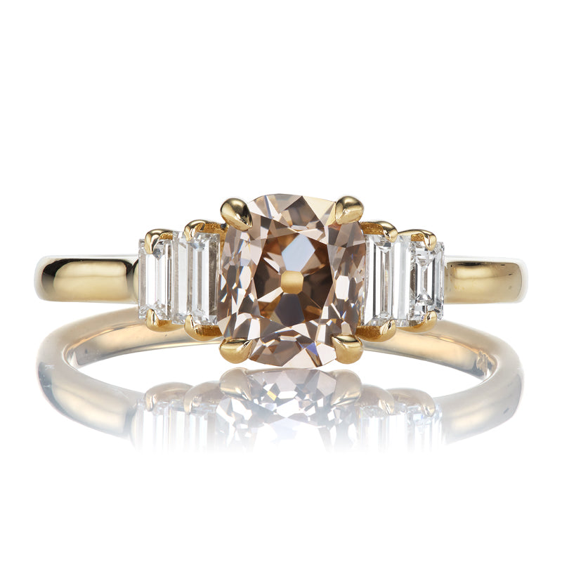 Fancy Brown Old Mine Cut Diamond Engagement Ring with Baguettes