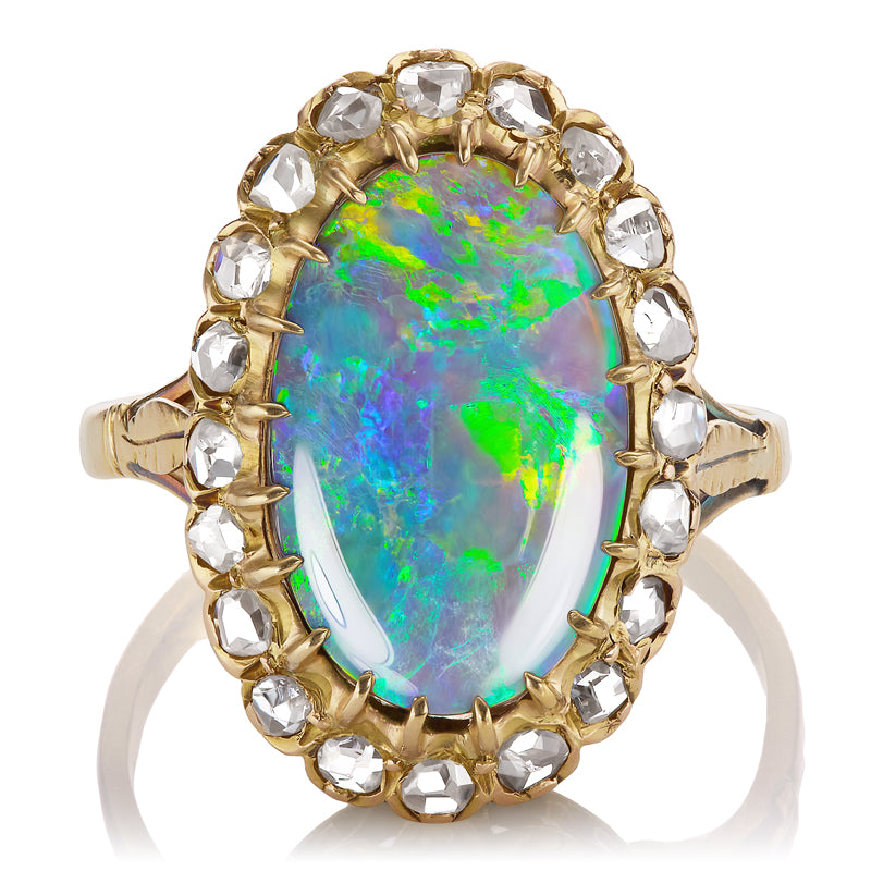 Antique Edwardian Black Opal and Diamond Cluster Ring