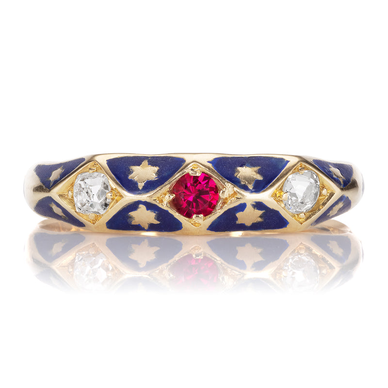 Whimsical Old Mine Cut Diamond and Ruby Band with Blue Enamel and Intricate Star Details