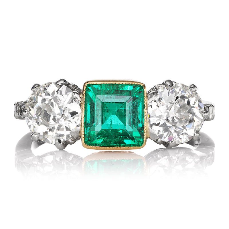 Antique Colombian Emerald and Diamond Three Stone Ring