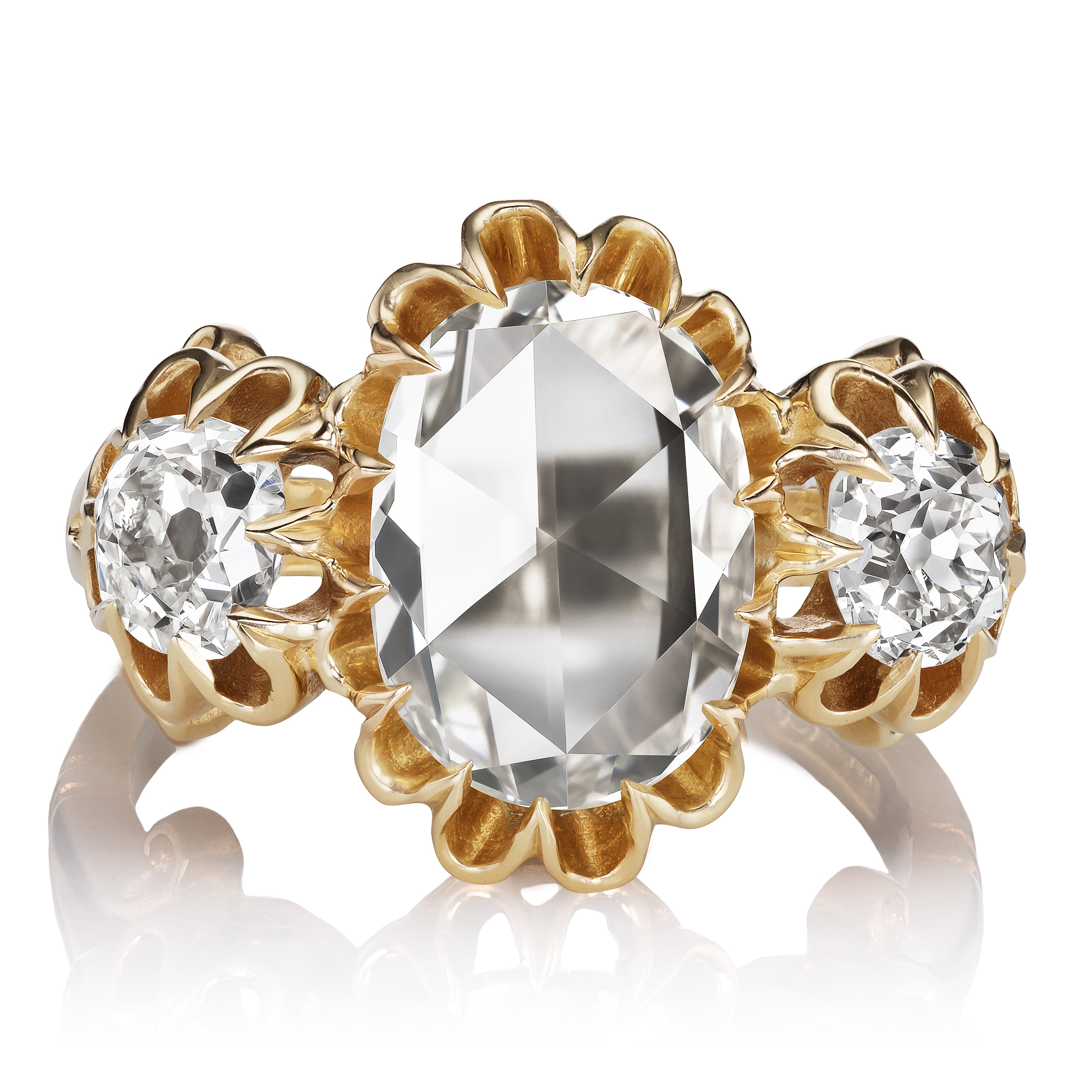 Antique Rose Cut Diamond Ring with Old Mine Cut Side Stones