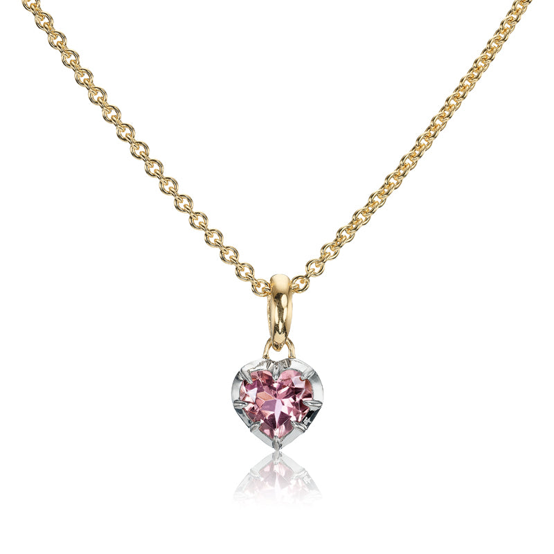 Pink Heart Shaped Tourmaline Pendant in Two-Tone Collet Setting