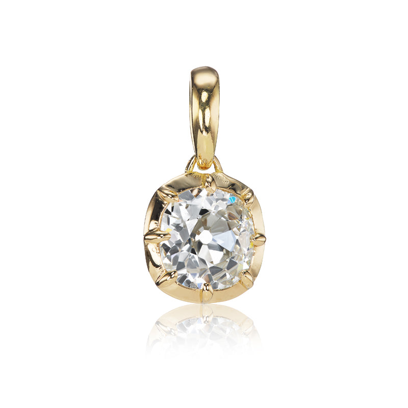 1.65 Carat Old Mine Cut Diamond Collet Set in 18kt Yellow Gold Pendant