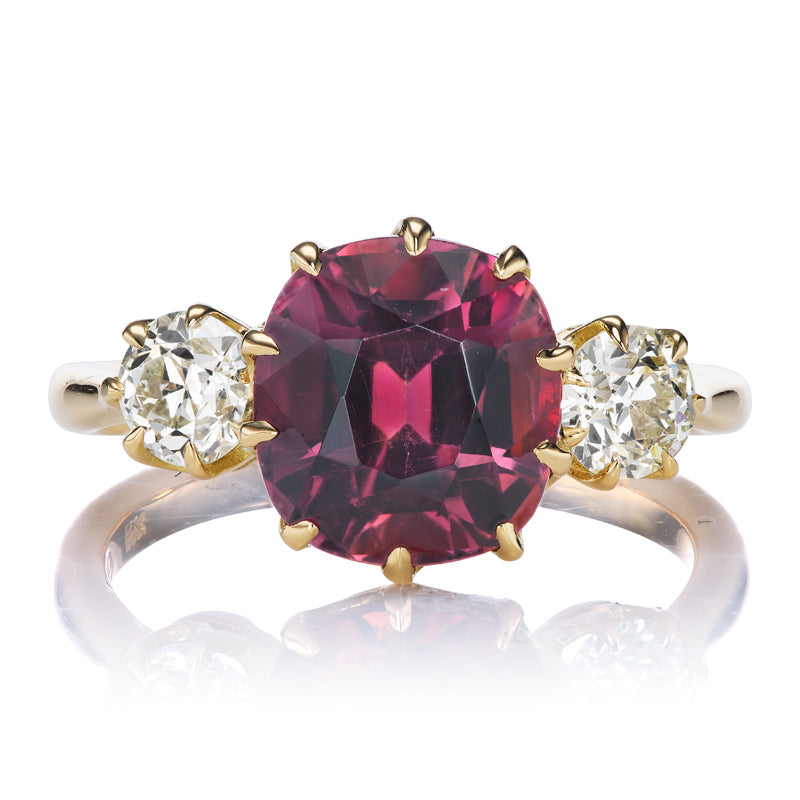 Cushion Cut Tourmaline and Diamond Three Stone Ring