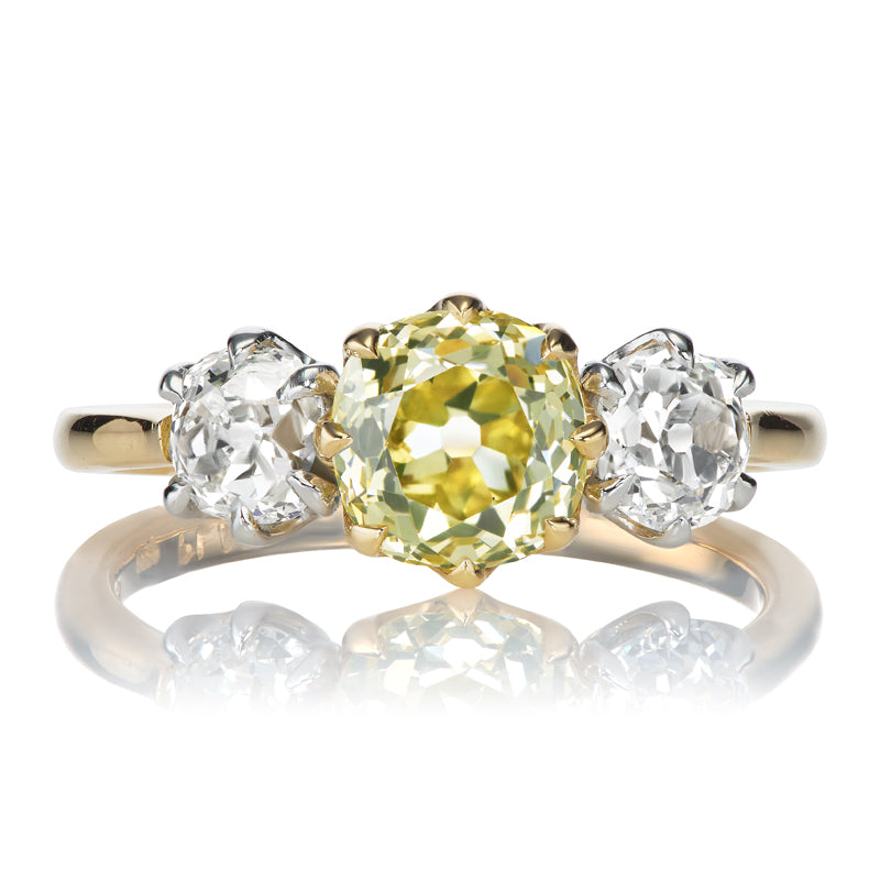 Unique Bright Yellow 1.4 Carat Old Mine Cut Diamond Three Stone Engagement Ring