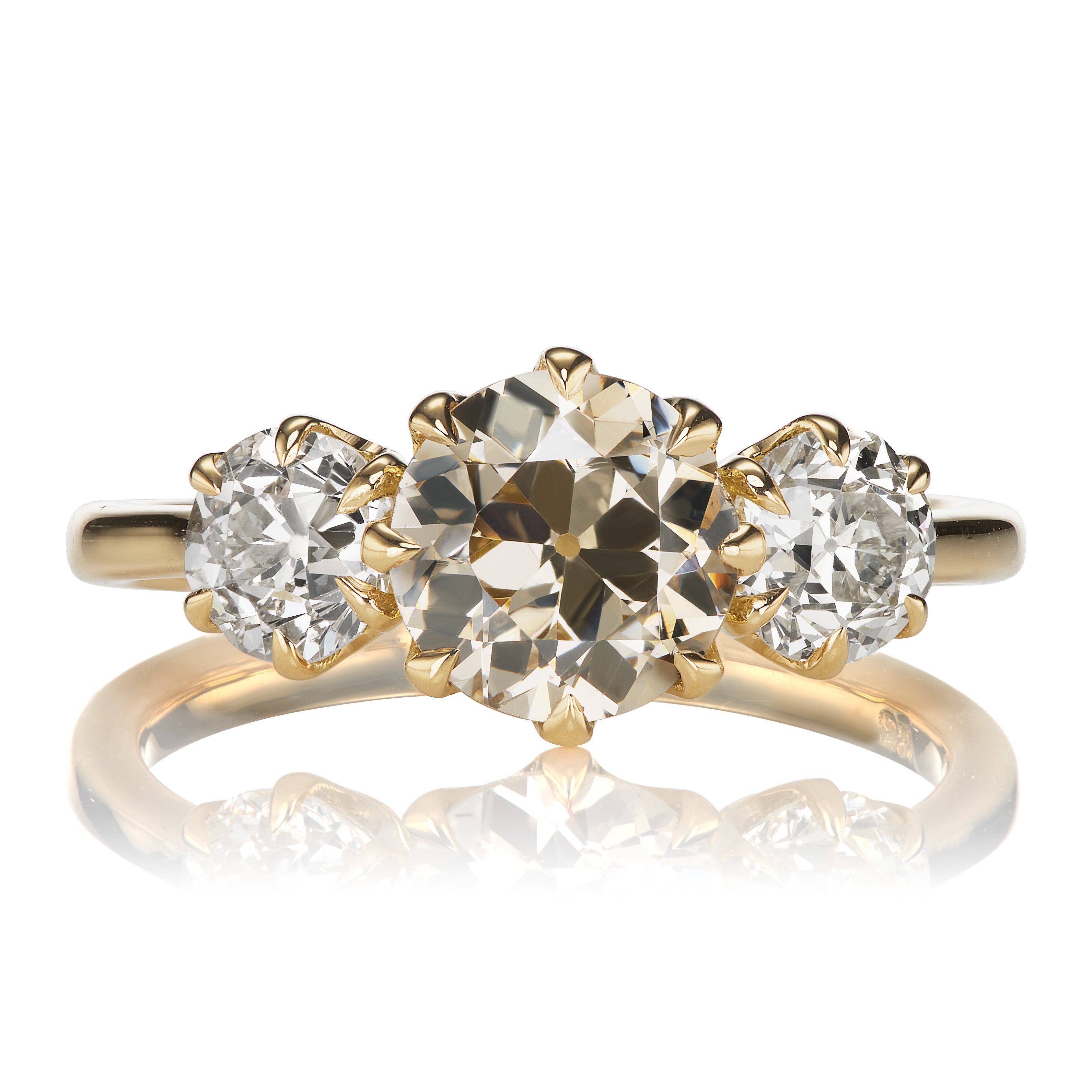 Light Brown Old European Cut Diamond Ring with Contrasting Side Stones