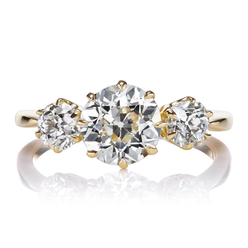 1.6 Carat Transitional Cut Diamond Three Stone Engagement Ring in Yellow Gold Setting