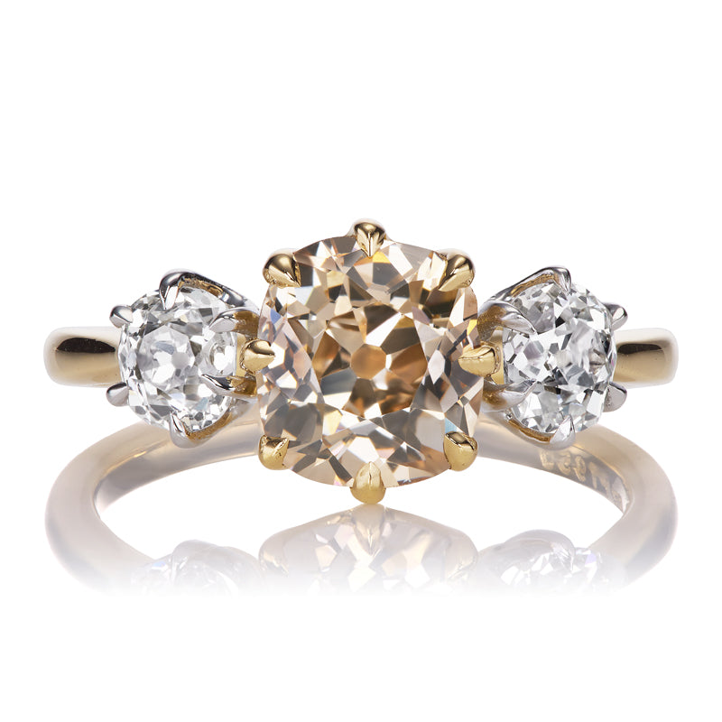 1.87 Carat Fancy Yellow Brown Old Mine Cut Diamond Three Stone Engagement Ring