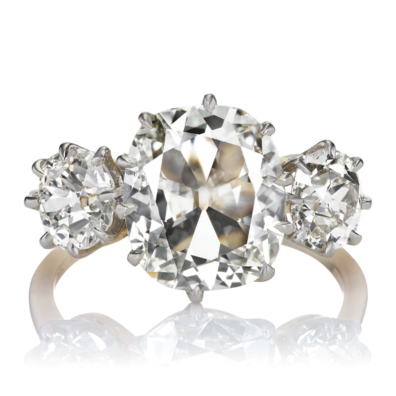 Incredibly Spready Antique Style Cushion Cut Diamond Three Stone Engagement Ring