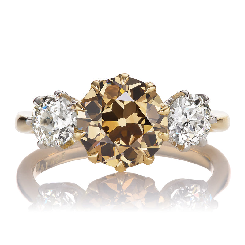 Fancy Deep Champagne Old European Cut Diamond Three Stone Engagement Ring