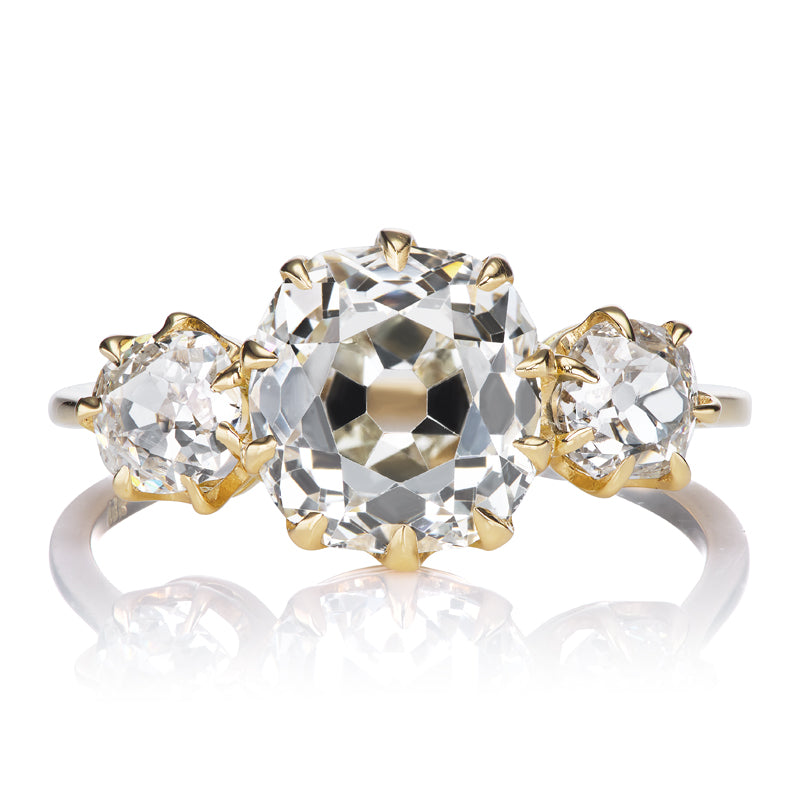 Three Stone Old Mine Cut Diamond Engagement Ring in 18kt Yellow Gold Setting
