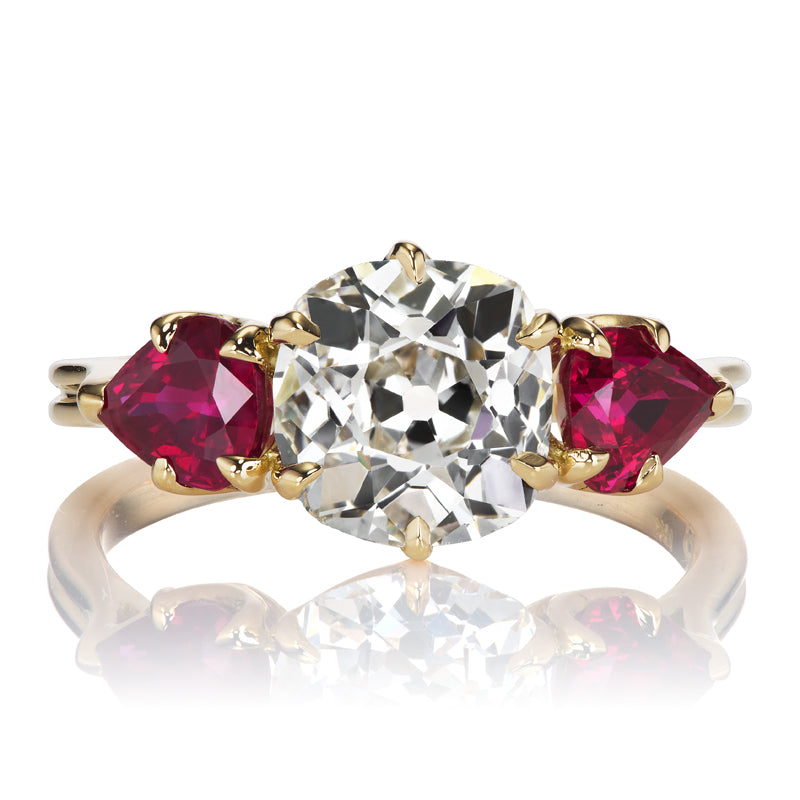 Old Mine Cut Diamond Engagement Ring with Pear Cut Ruby Side Stones