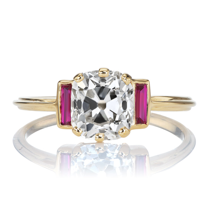 Old Mine Cut Diamond Ring with Ruby Baguette Side Stones