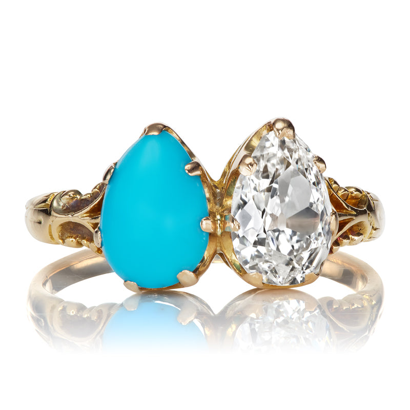 Victorian Antique Pear Cut Diamond and Turquoise Toi et Moi Ring