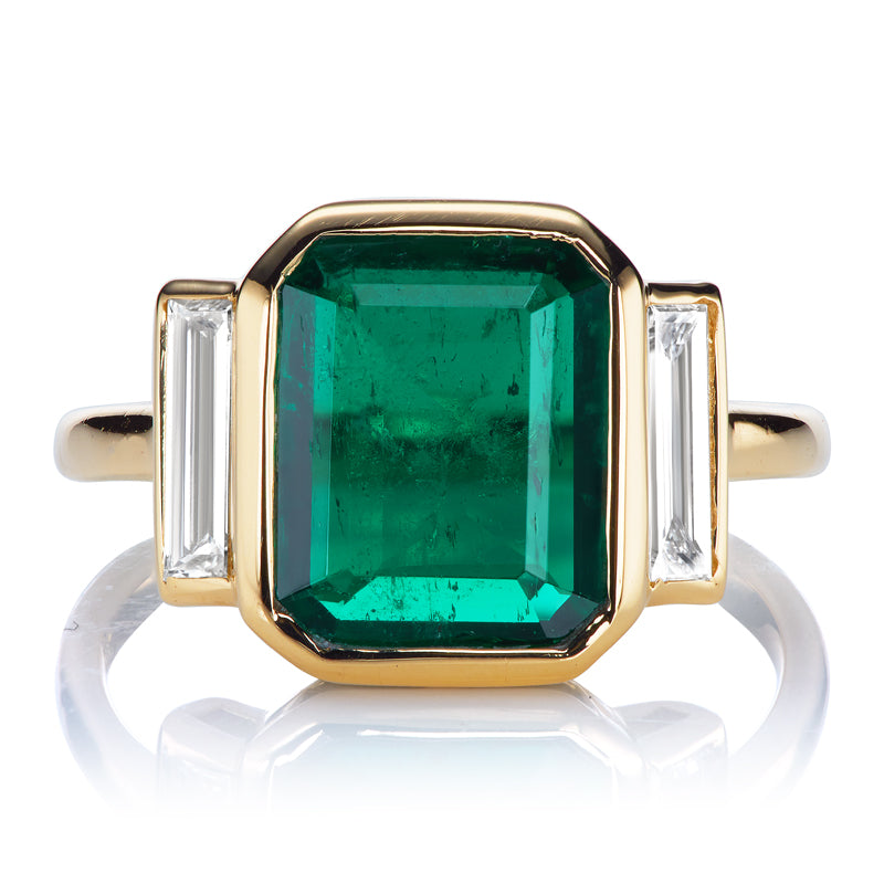 Bezel Set Emerald Ring with Diamond Baguettes