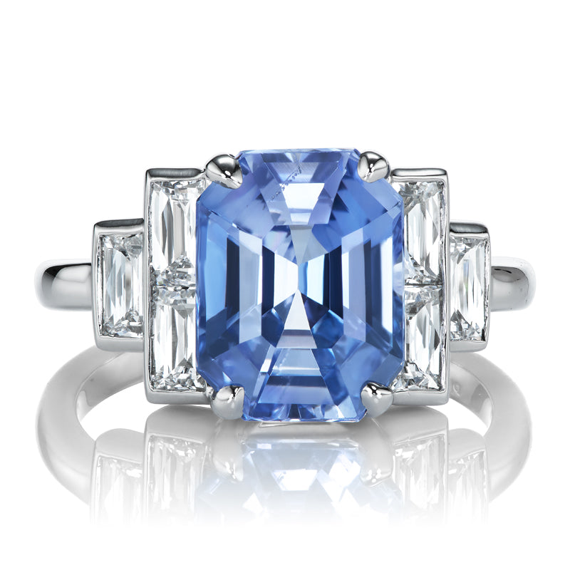 5 Carat Light Blue Sapphire with French Cut Diamond Baguettes