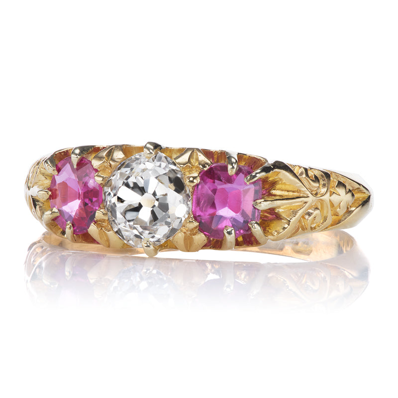 Antique Diamond and Ruby Half Hoop diamond engagement ring with gemstone