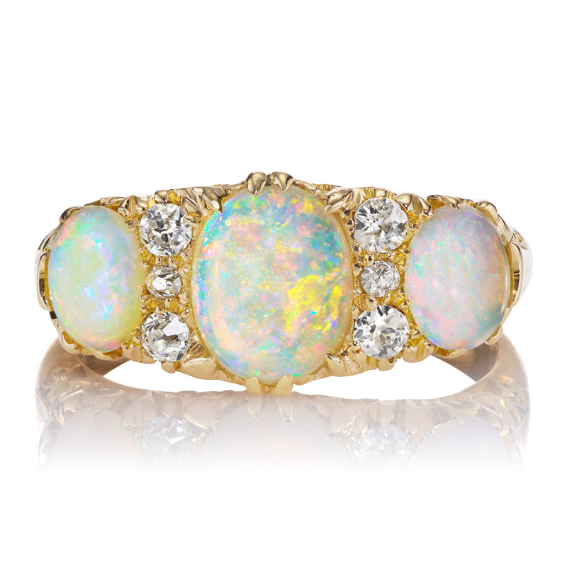 Antique Three Stone Opal and Diamond Ring