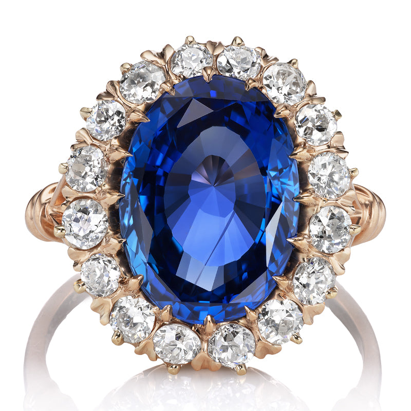 6 Carat Antique Edwardian Deep Blue Sapphire and Diamond Cluster Ring