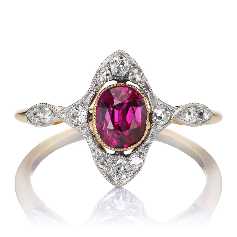 Edwardian Era Antique No Heat Thai Ruby and Diamond Ring