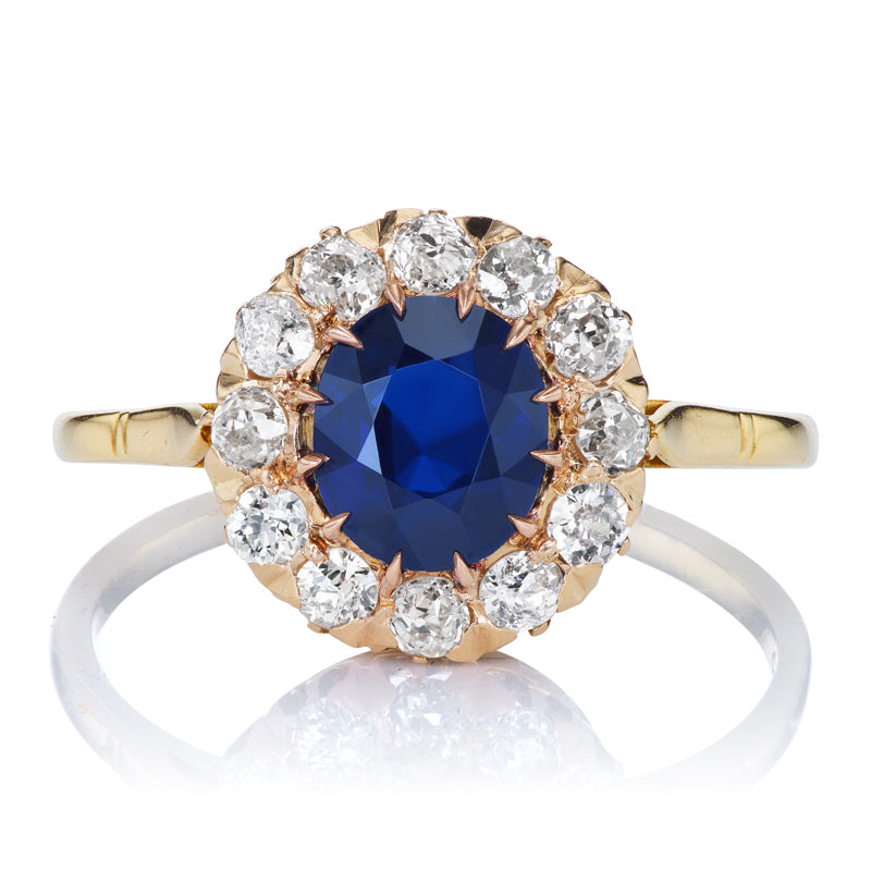 Vintage Burma No Heat Sapphire and Diamond Cluster Ring