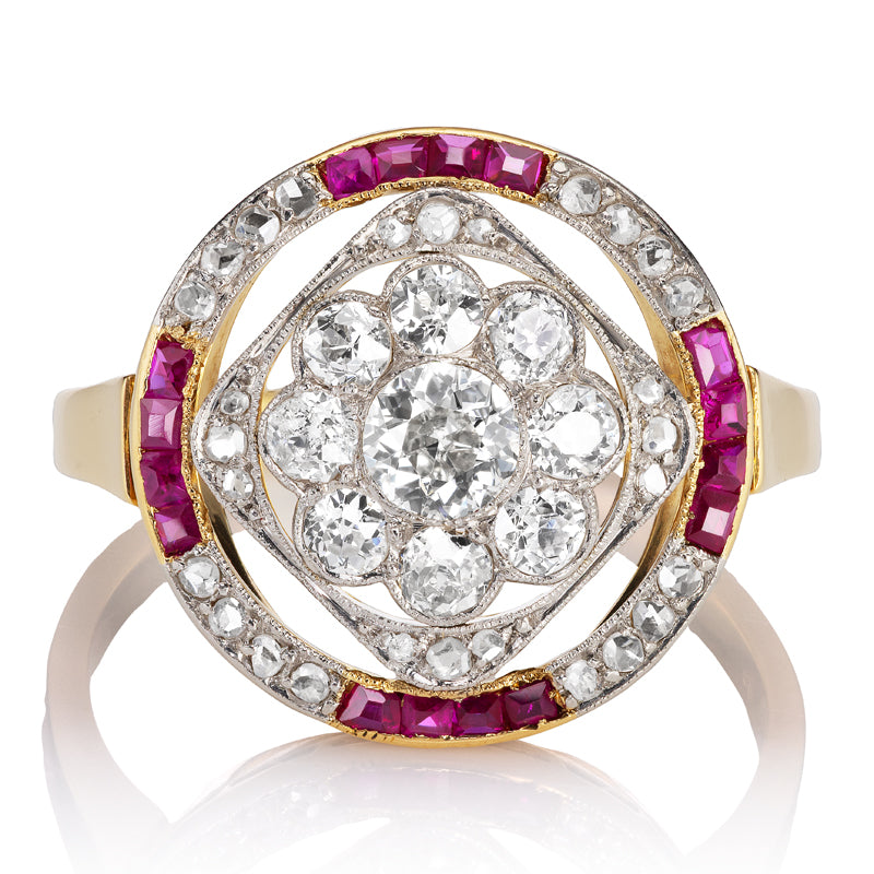 Intricately Detailed Antique Old Cut Diamond and Ruby Ring in Floral-Inspired Cluster Setting