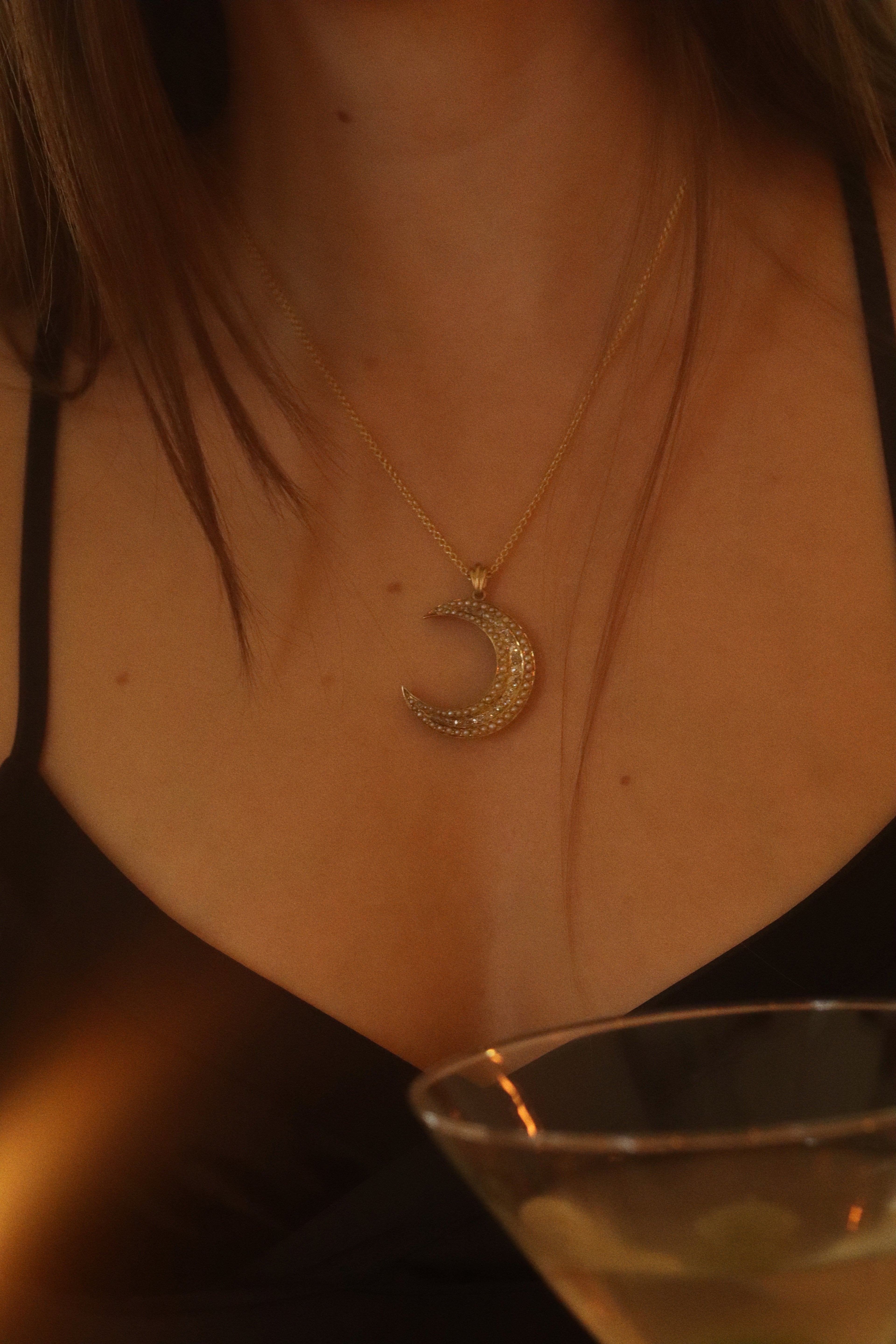 Antique Diamond and Pearl Crescent diamond with gemstone