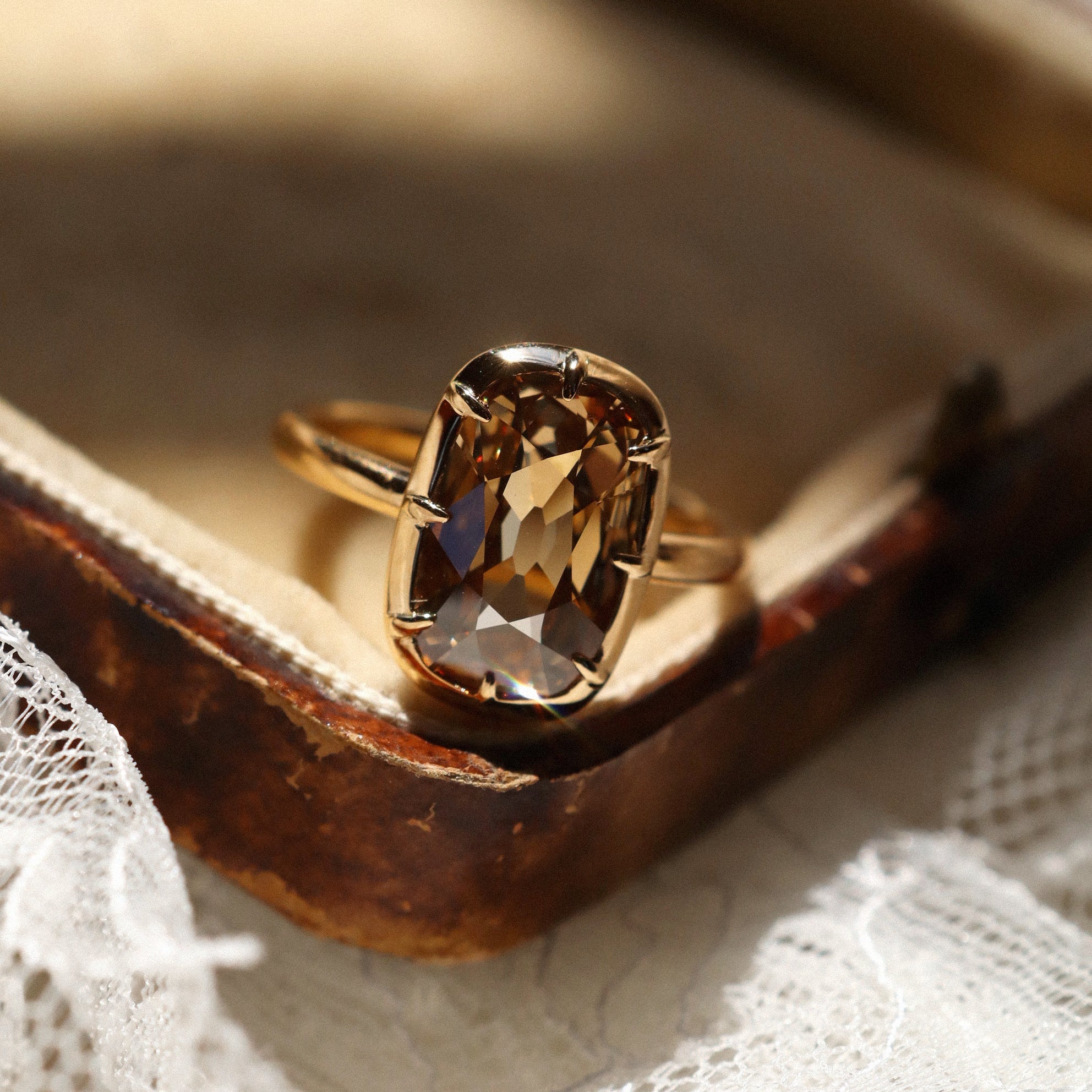 Elongated Champagne Cushion Cut Diamond Ring