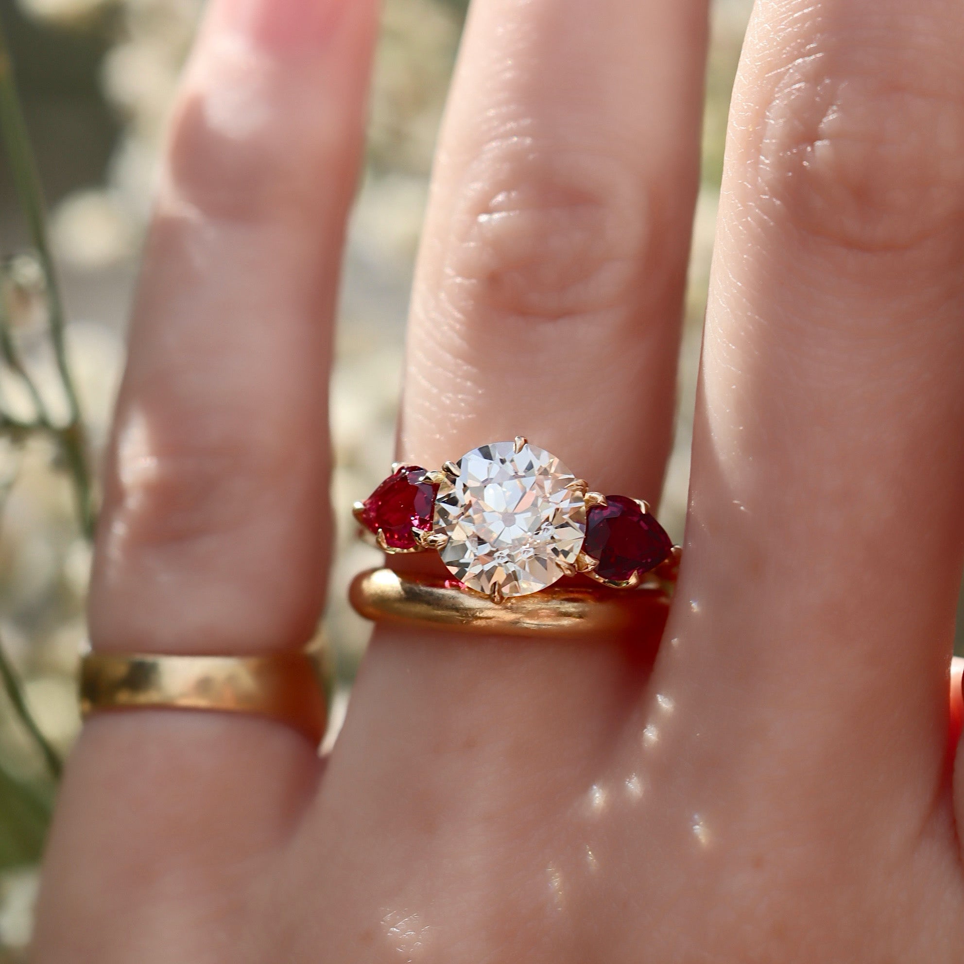 Old European Cut Diamond Ring with Pear Cut Ruby Side Stones