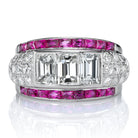 Antique Platinum Ring with Diamond Baguettes and French Cut Rubies
