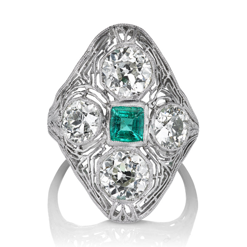 Magnificent Art Deco Emerald and Old European Cut Diamond Ring