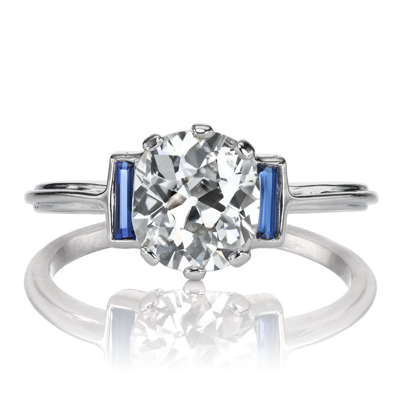 Old Mine Cut Diamond Engagement Ring with Sapphire Baguettes in Platinum Setting