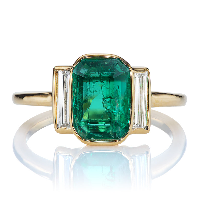 Bezel Set Emerald Engagement Ring with Diamond Baguettes