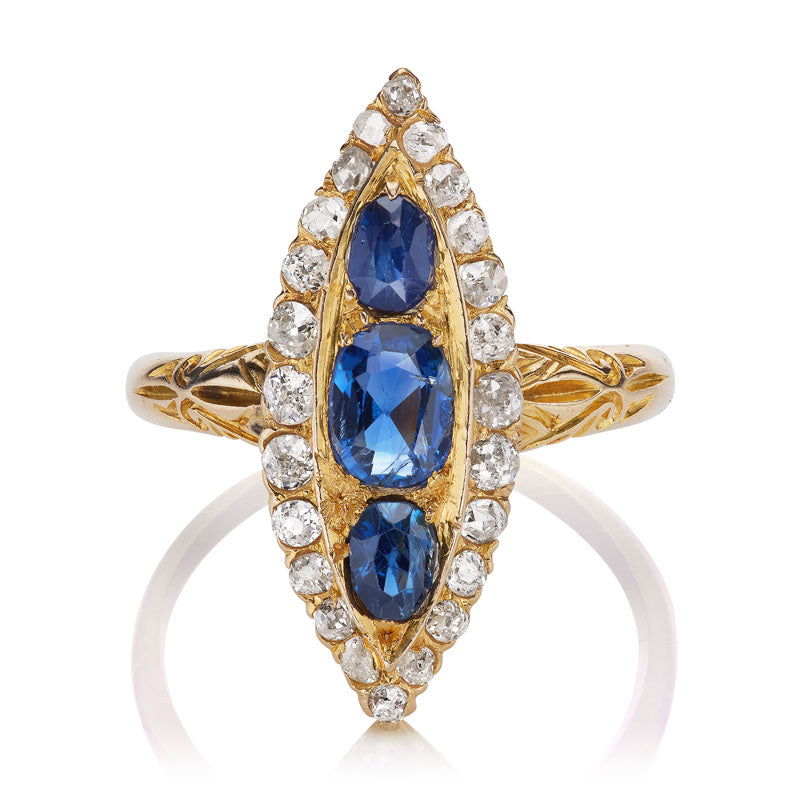 Antique No Heat Sapphire and Diamond Marquee Ring