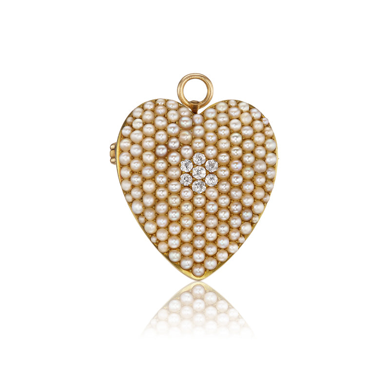 Antique Seed Pearl and Diamond Heart Brooch Pendant