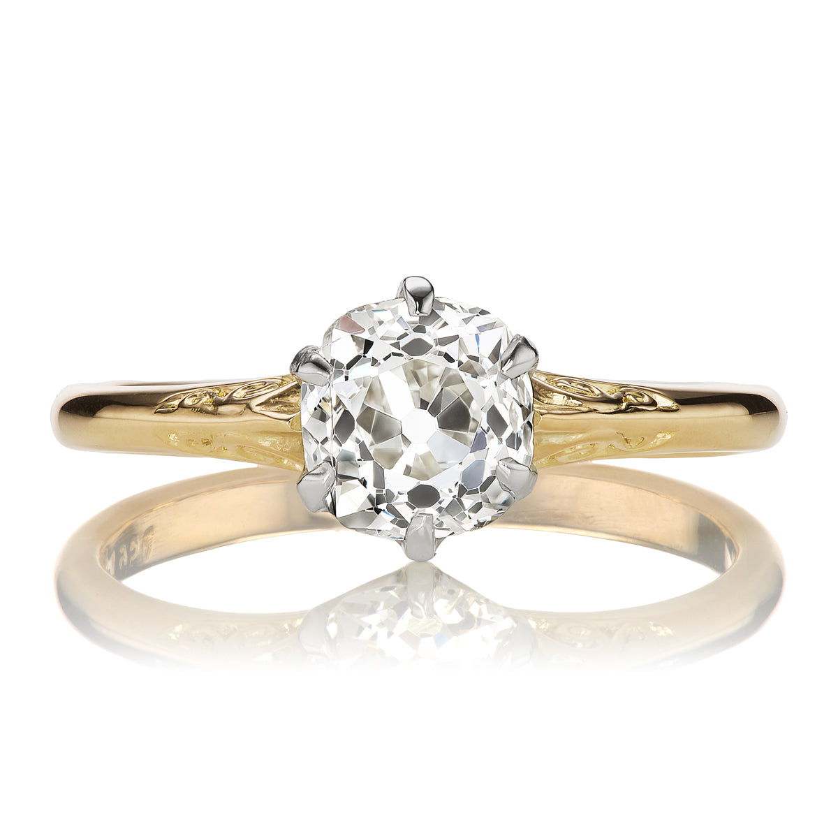 Old Mine Cut Diamond Ring with Romantic Engravings