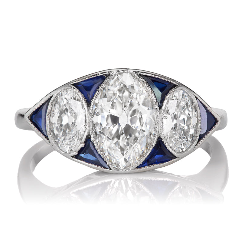 Art Deco Moval Diamonds and Sapphire Platinum Ring