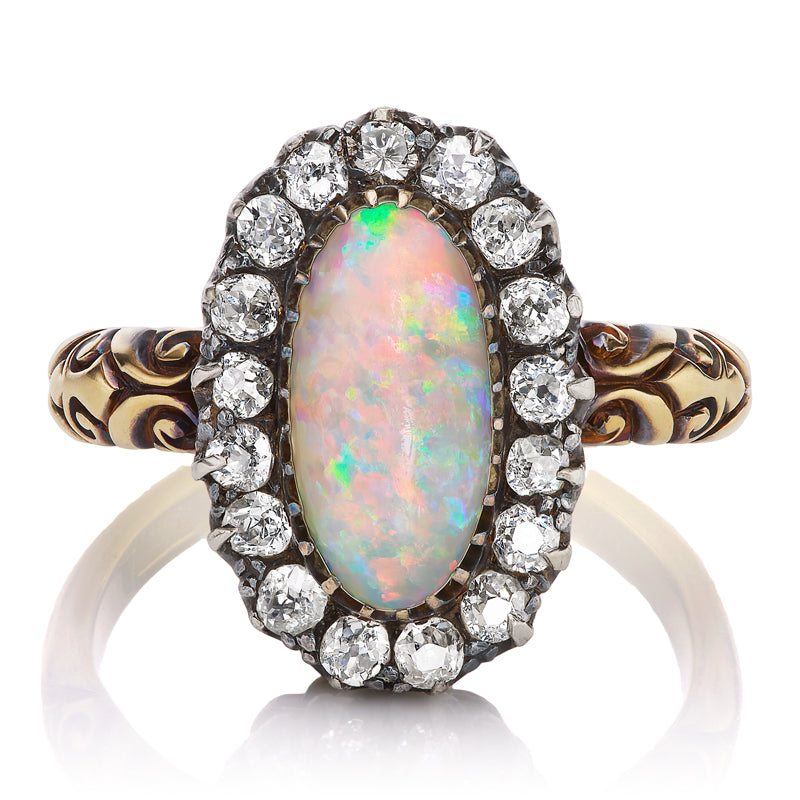 Antique White Cabochon Opal Ring with Diamond Halo