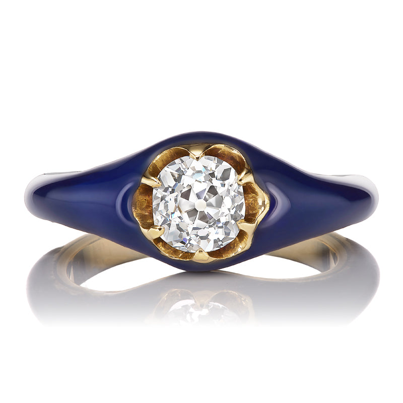Antique Old Mine Cut Diamond Band with Unique Deep Blue Enamel
