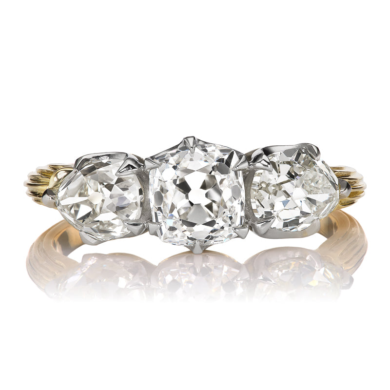 Antique Three Stone Old Mine Cut and Pear Cut Diamond Ring