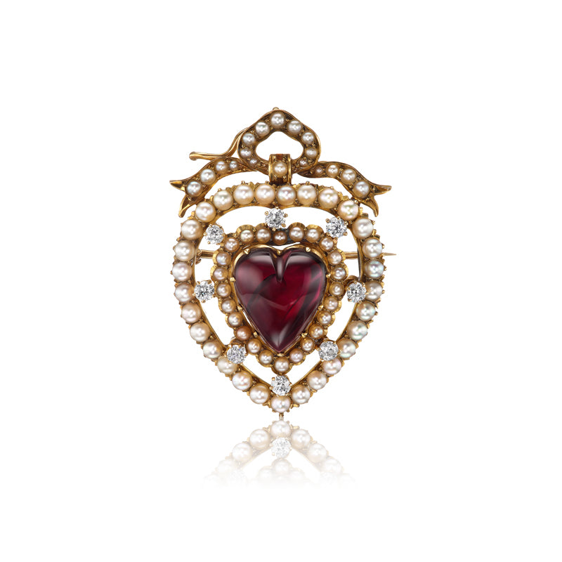 Antique Garnet & Pearl Heart Brooch Pendant with Old European Cut Diamonds