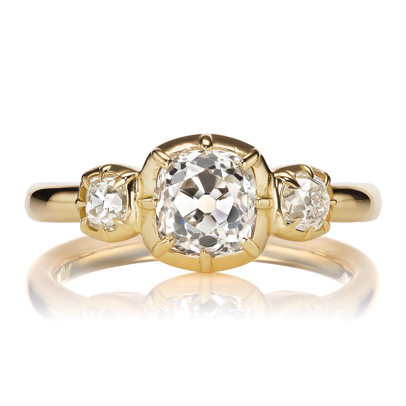 1 Carat Old Mine Cut Three Stone Diamond Ring in Collet Setting