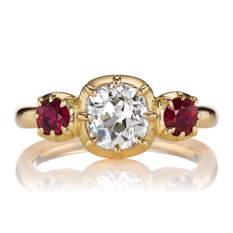 Old Mine Cut Diamond Engagement Ring with Ruby Side Stones