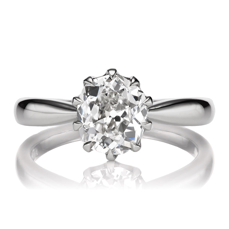 Elongated Bright Old Mine Cut Diamond in Tapered Platinum Setting