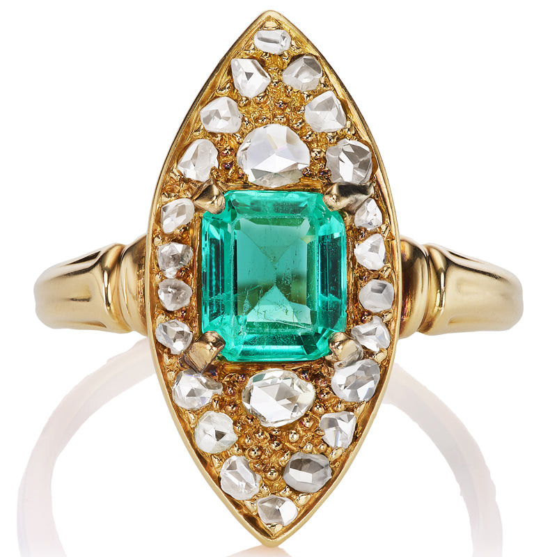 Colombian Emerald and Rose Cut Diamond Navette Ring